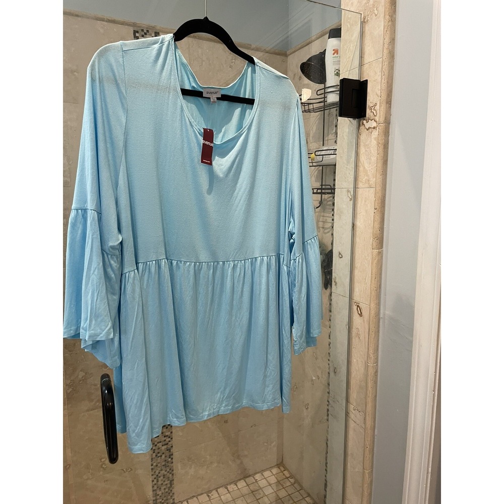 New Avenue Blue Stretch Peplum Top Scoop Neck Bell Sleeve Plus Size 26/28